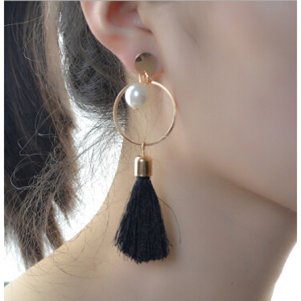 E-4191 Fashion Jewelry Big Circle Pearl Tassel Charm Drop Stud Earring for Women Jewelry