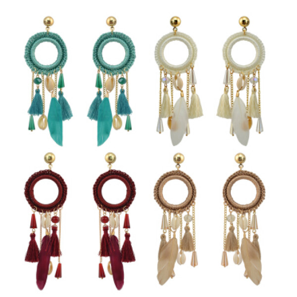 E-4209 3 Colors New Fashion Women Gold Metal Shell Feather Long Tassel Drop Dangle Earring Bohemian Party Jewelry