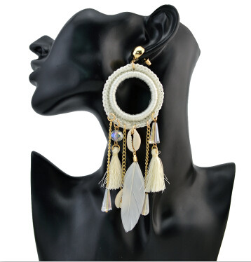 E-4209 4Colors New Fashion Women Gold Metal Shell Feather Long Tassel Drop Dangle Earring Bohemian Party Jewelry