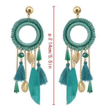 E-4209 4Colors New Fashion Women Gold Metal Shell Feather Long Tassel Drop Dangle Earring Bohemian Party Jewelry