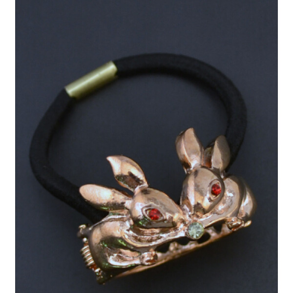 F-0045 Gold Silver Alloy Double Rabbit Shape Rubber Hair Rope Women Girl Elastic Hair Band