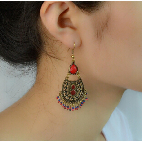 E-4223 2 Styles Bronze Alloy Natural Stone Flower Tassel Pendant Ear Jewelry Earrings For Women