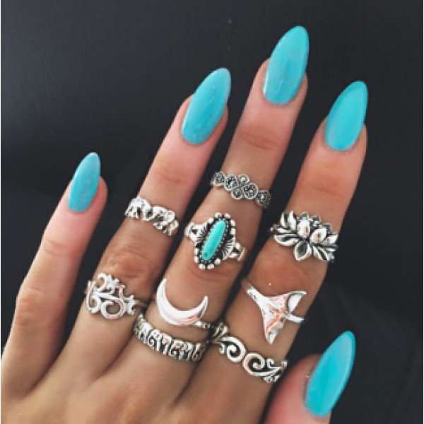 R-1469 9Pcs/set Bohemian Vintage Moon Shape Silver Gold Plated Knuckle Nail Midi Finger Ring for Women Party Jewelry
