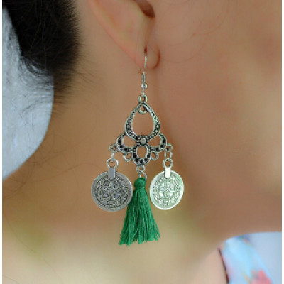 E-4234 4 Colors Silver Alloy Coin Drop Dangle Pendant Fringe Tassel Ear Jewelry Earrings For Women
