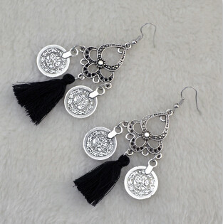 E-4234 4 Colors Silver Alloy Coin Drop Dangle Pendant Fringe Tassel Ear Jewelry Earrings For Women