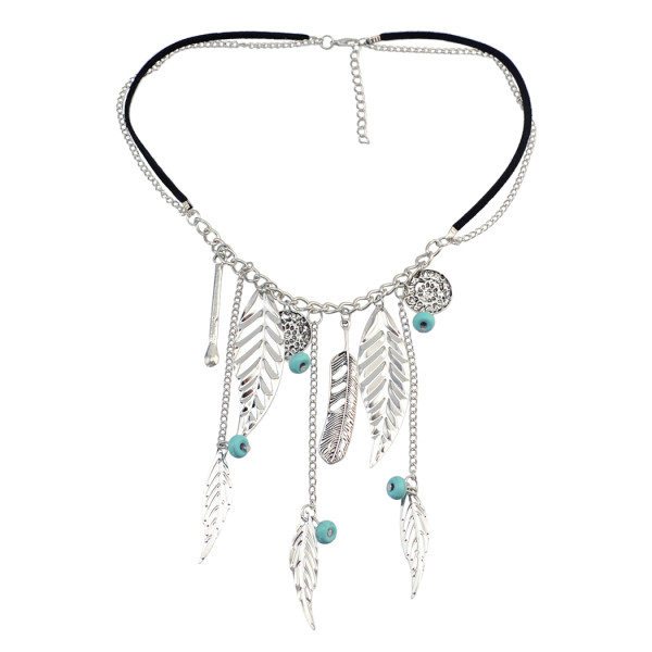 N-5356  Fashion Boho Leaves Turquoise Tassel Pendant Charm Necklace jewelry