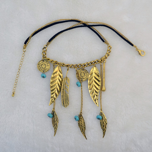 N-5356  Fashion Boho Leaves Turquoise Tassel Pendant Charm Necklace jewelry
