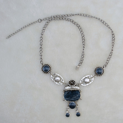 N-0148 Vintage Silver plated Enamel Pendant Dangle Necklace for Women