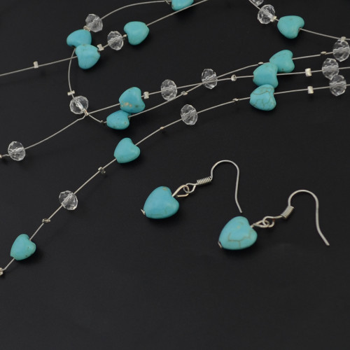 N-5543 Bohemian silver multi-layered chain crystal bead turquoise gem stone pendant women necklace earring jewelry set