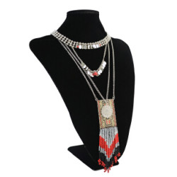 N-6224 Bohemian silver multi-layered chain Tassel beads pendant women necklace For Women