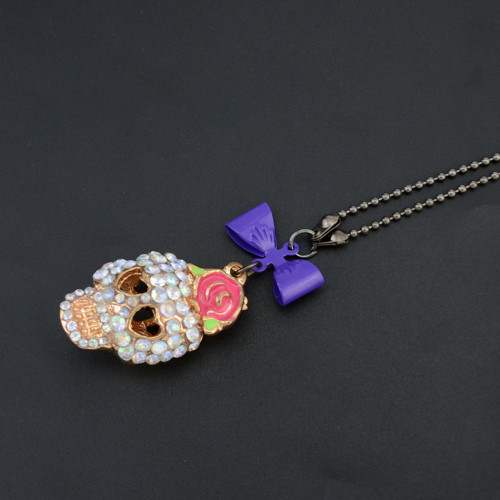 N-2869 New BJ Punk Charming Pink Rose Gold Plated Chain Rhinestone Skull Necklace