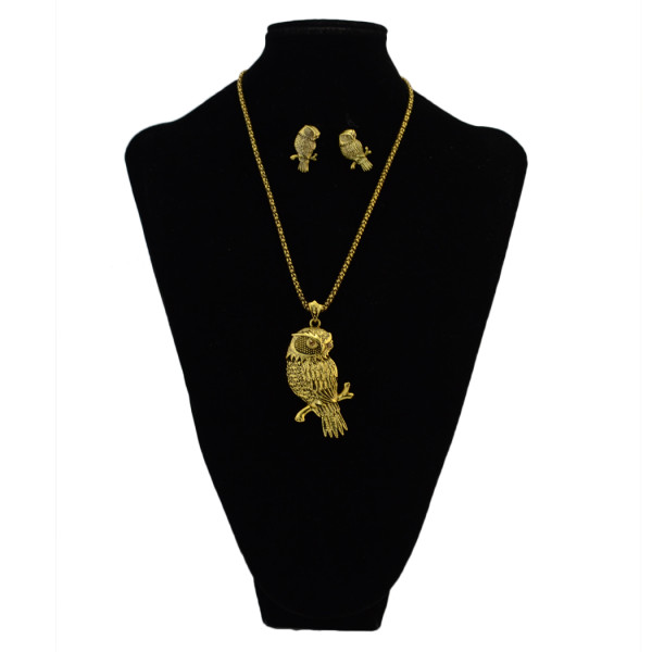 N-6079 Vintage Gold long chain owl Pendant Necklace Earring Jewelry set for Women