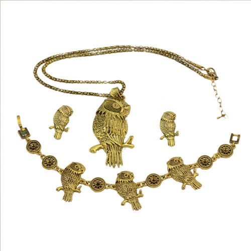 N-6079 Vintage Gold long chain owl  Pendant Necklace Earring Jewelry set for Women