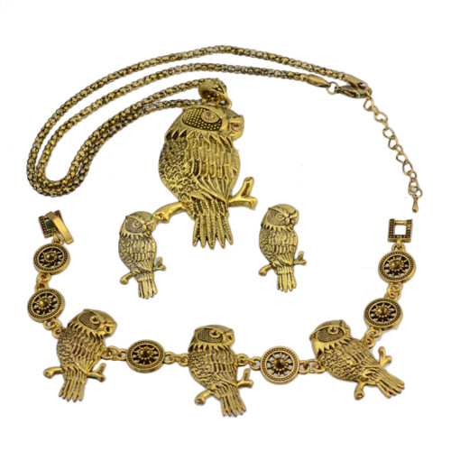 N-6079 Vintage Gold long chain owl  Pendant Necklace Earring Jewelry set for Women