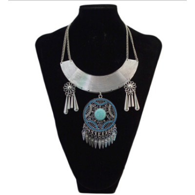 N-5409 Bohemian Vintage Silver Turquoise Rhinestone Pendant Necklaces for Women Party Anniversary Gift