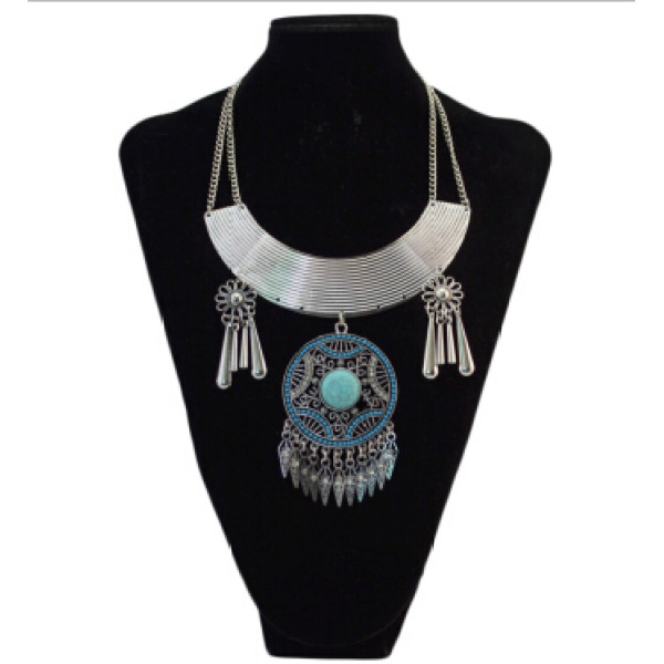 N-5409 Bohemian Vintage Silver Turquoise Rhinestone Pendant Necklaces for Women Party Anniversary Gift