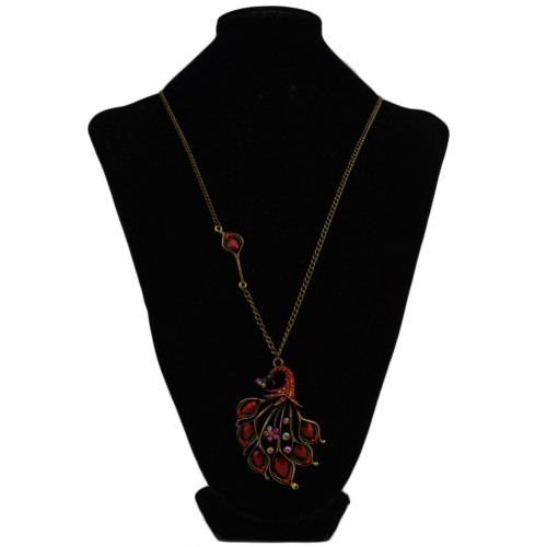 N-3306 New Vintage Long Chain Bronze Faux Red Opal Rhinestone  Peacock Pendant Necklace For Women