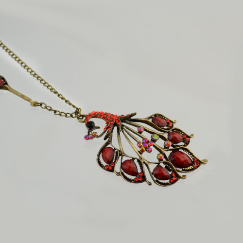 N-3306 New Vintage Long Chain Bronze Faux Red Opal Rhinestone  Peacock Pendant Necklace For Women