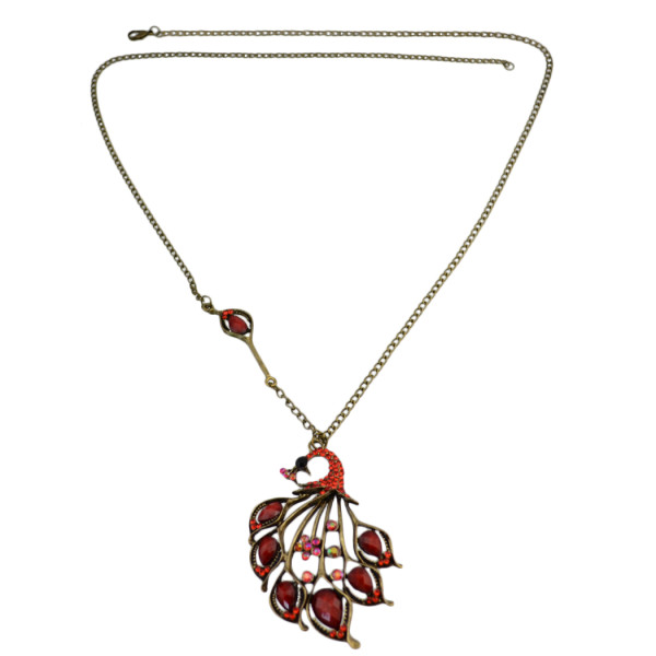 N-3306 New Vintage Long Chain Bronze Faux Red Opal Rhinestone  Peacock Pendant Necklace For Women
