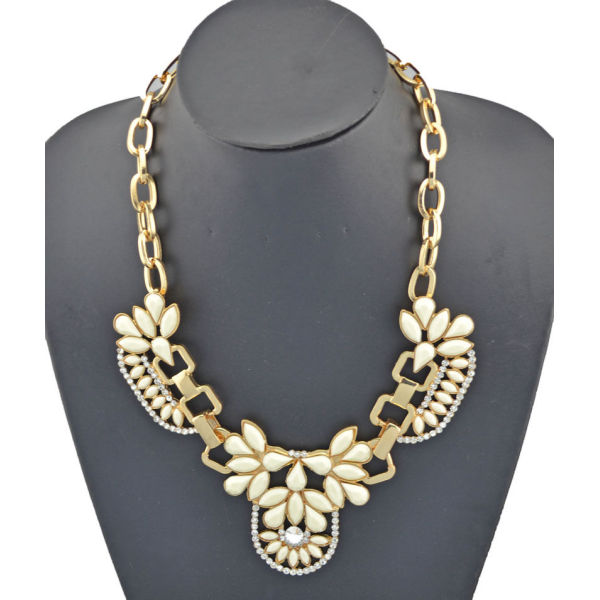 N-3501 New Fashion Style gold plated metal link chain resin gem flower rhinestone choker necklace