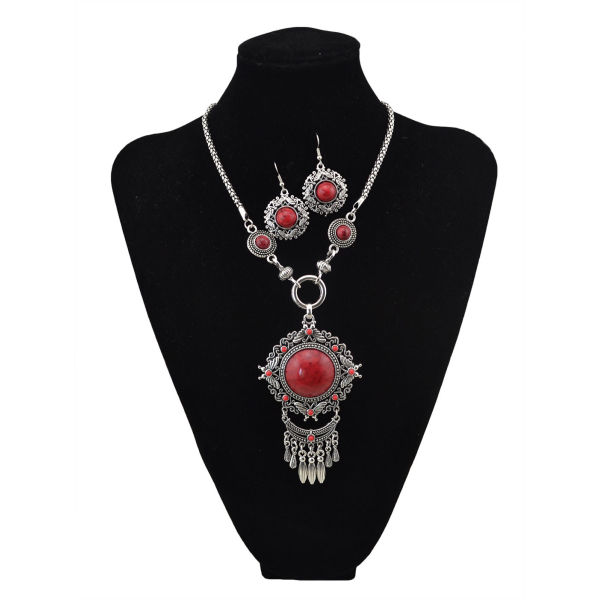 N-5660 New Fashion Bohemian Vintage Style Turquoise Bead Tassel Pendant Necklace For Women Earrings & Necklace Jewelry Set