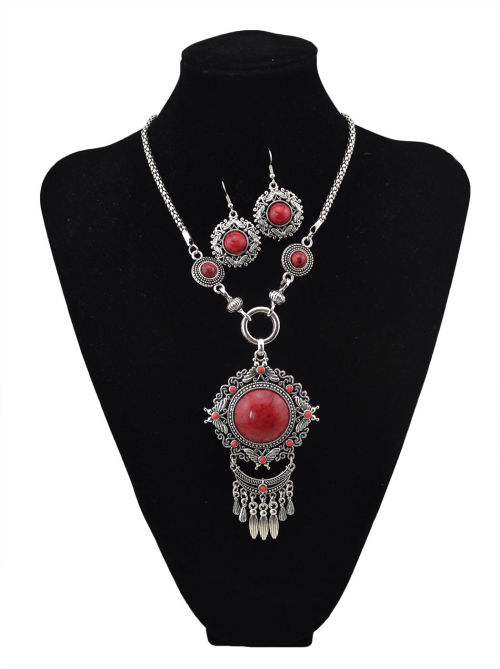 N-5660 New Fashion Bohemian Vintage Style Turquoise Bead Tassel Pendant Necklace For Women Earrings & Necklace Jewelry Set