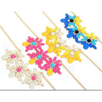 N-3932 European Gold Plated Short Resin Gem Rhinestone Flower Choker Necklace