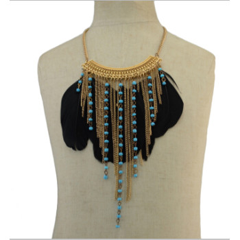 N-5505 Ethnic Jewelry Black Feather Long Tassel Beads Statement Pendant Necklaces for Women Bohemian