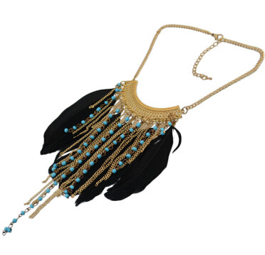 N-5505 Ethnic Jewelry Black Feather Long Tassel Beads Statement Pendant Necklaces for Women Bohemian