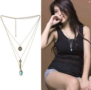 N-5573 New Fashion Bohemian style multilayer chain green pendant necklace statement Charm Jewelry