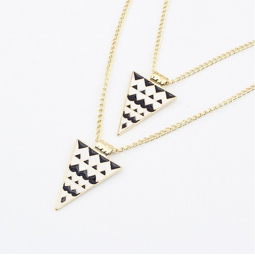 N-4584 New Gold Plated Alloy Double Chain Enamel Triangle Pendant Sweater Necklace