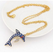S-0065 New Coming Gold Plated Rhinestone Dark Blue Glazed Dolphin Necklace Earring Set