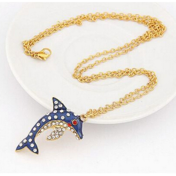 S-0065 New Coming Gold Plated Rhinestone Dark Blue Glazed Dolphin Necklace Earring Set