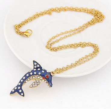 S-0065 New Coming Gold Plated Rhinestone Dark Blue Glazed Dolphin Necklace Earring Set