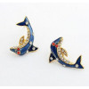 S-0065 New Coming Gold Plated Rhinestone Dark Blue Glazed Dolphin Necklace Earring Set