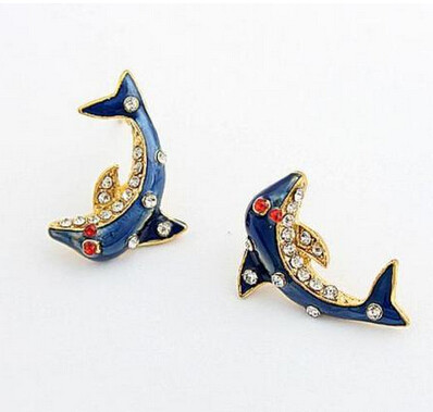 S-0065 New Coming Gold Plated Rhinestone Dark Blue Glazed Dolphin Necklace Earring Set