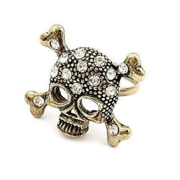 R-0010  Retro Bronze Rhinestone Crystal Bone Skeleton Skull Pirate Ring Size Adjustable