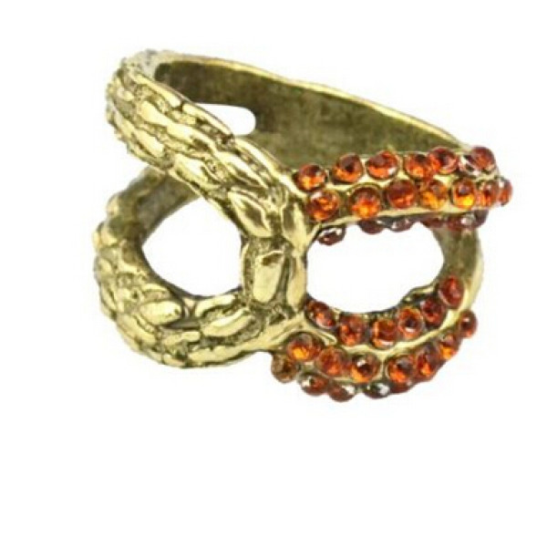 R-1109 European Bronze Alloy Rhinestone Small Gem Hollow Out Bowknot Shape Metal Ring