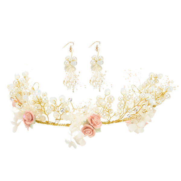 F-0456 Fashion Women Pearl Crystal Flower Chain Handmade Hair Accessories Flower Earring for Women Jewelry