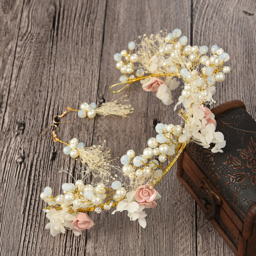 F-0456 Fashion Women Pearl Crystal Flower Chain Handmade Hair Accessories Flower Earring for Women Jewelry