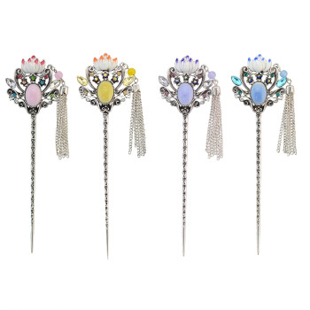 F-0457 4 Colors New Fashion   Rhinestone Tassel Lotus Shape Hair Sticks For Women  Jewelry Accessories