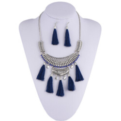 N-6919 Bohemian Vintage Jewelry Set Silver Plated Tassel Pendant Necklace Earring for Women