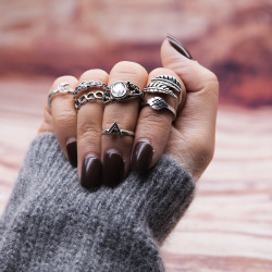 R-1479 7Pcs/set Bohemian Vintage Silver Plated Knuckle Nail Midi Finger Leaf Ring for Women Jewelry