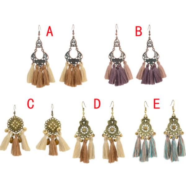 E-4296 Vintage Bohemian Silver Metal Thread Tassel  Drop Earrings for Women Party Jewelry