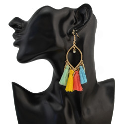 E-4295 Bohemian Metal Thread Tassel Long Drop Pom Earrings for Women Party Jewelry