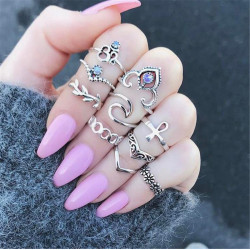 R-1486 2 Styles Bohemian Vintage Silver plated Knuckle Nail Midi Finger Crystal Ring for Women Jewelry