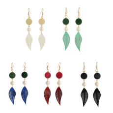 E-4319 5 Colors Fashion Feather Shape Wood Beads Pearl Drop Dangle Earrings for Women Bohemian Party Jewelry