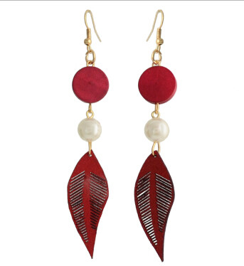E-4319 5 Colors Fashion Feather Shape Wood Beads Pearl Drop Dangle Earrings for Women Bohemian Party Jewelry