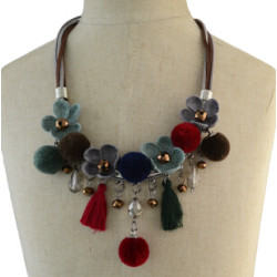 N-6932 N-6951 5 color Vintage Leather Alloy rhinestone resin bead Flower pendant Necklace Accessories