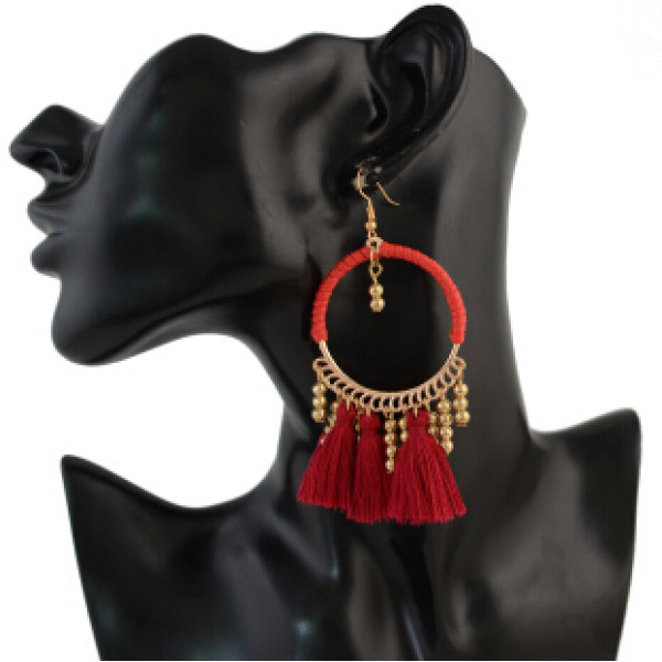E-4314 Vintage Tassel Charm Drop Pom Earring for Women Jewelry